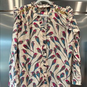 Vibrant Bird Print Ruffle Blouse